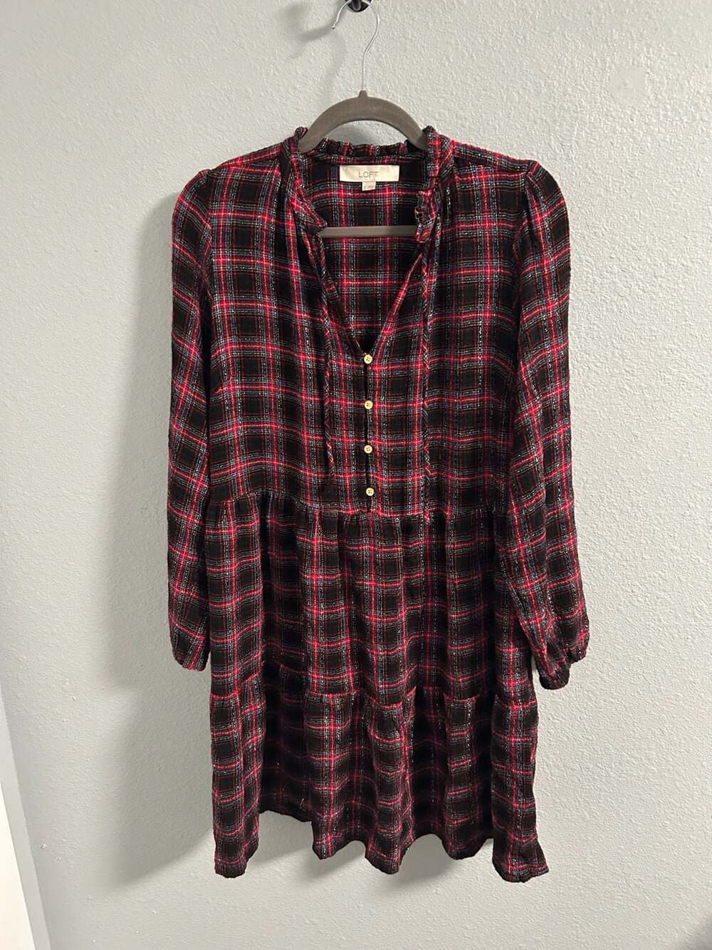 LOFT Shimmer Red Plaid Tiered Long Sleeve Dress Size Medium